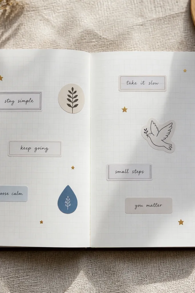 Prayer theme page with only stickers and printed labels, clean white space, and short handwritten lines.