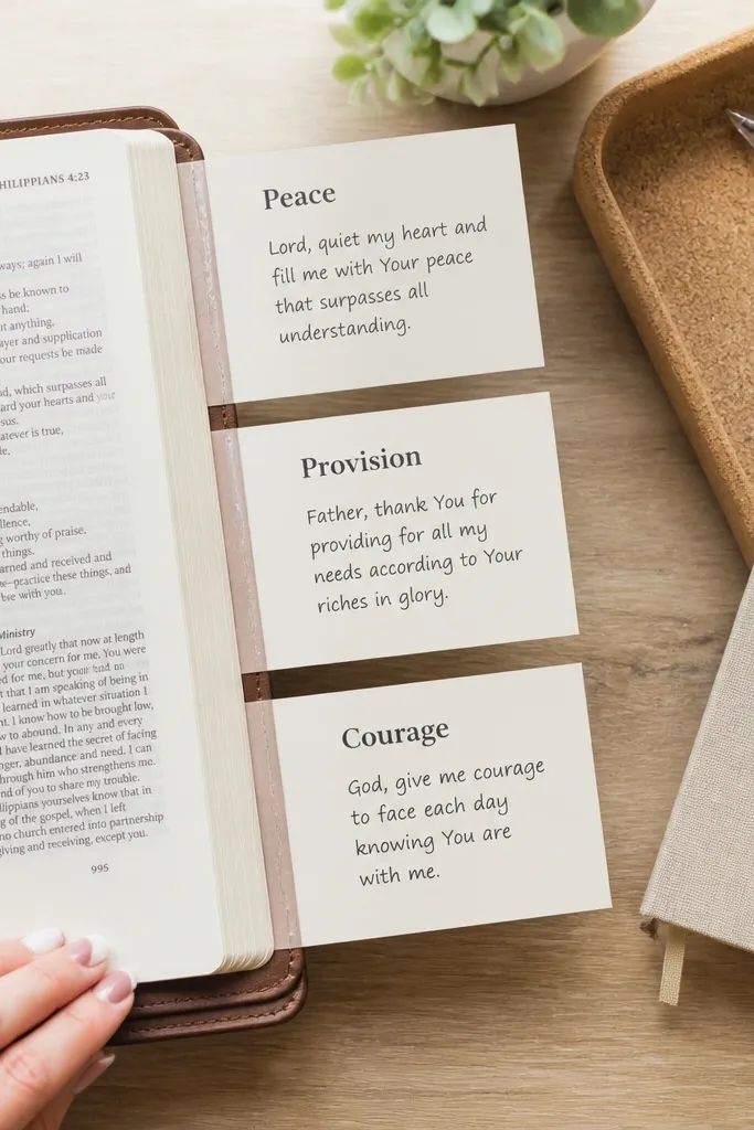 Index cards attached with tape tabs inside a journal, each labeled by prayer topic.
