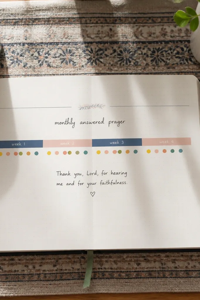Long horizontal strip with colored dots marking answered prayers across a month.