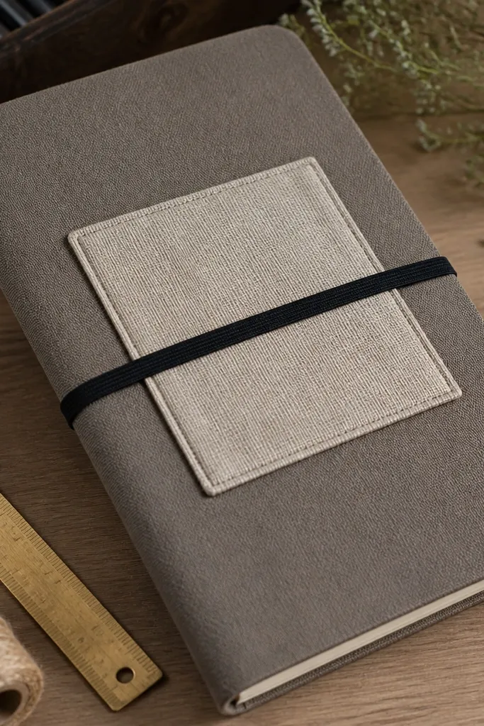 Neutral journal cover with a fabric label and a simple elastic band closure.