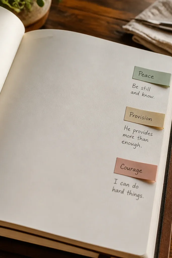 Notebook page with tiny sticky tabs on the side margin and short micro-notes.