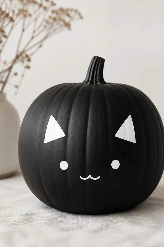 A medium orange pumpkin painted matte black with a simple white face on the front: triangle ears, two small dot eyes, and a tiny curved smile. The cat design is centered and clean, with no drips around the stem.