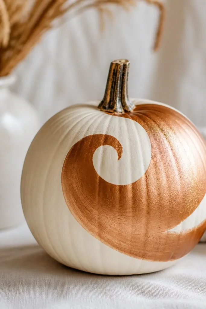 A cream-painted pumpkin with a copper metallic swirl spiraling from near the stem to the lower right side. The swirl has smooth gradients with no harsh pixel edges.