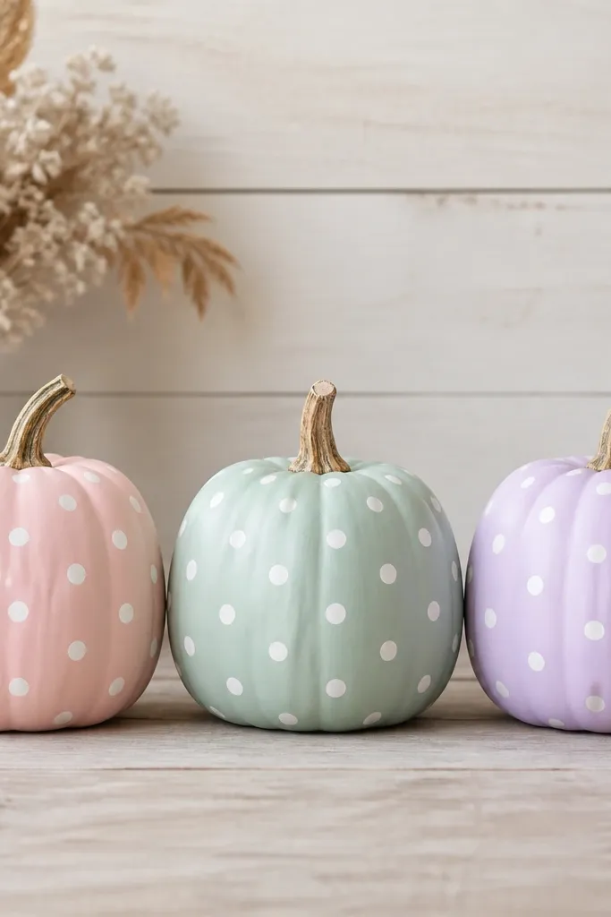 Three pumpkins in a row: one painted pale pink, one mint green, and one light lavender, each covered in evenly spaced white polka dots. The dots are uniform, with consistent size and spacing.