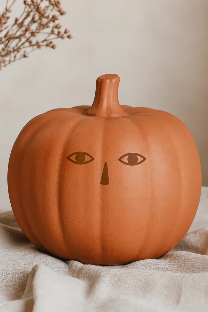 A terracotta-orange pumpkin painted in a warm clay tone with a minimal face: two almond eyes in darker brown and a small nose shape. The face sits slightly above center.