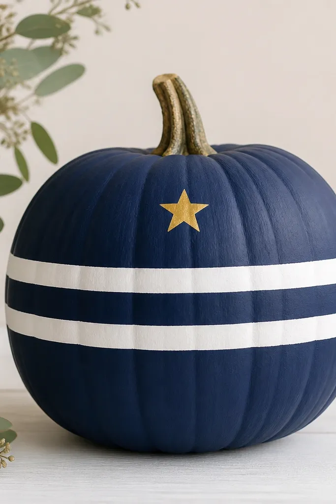 A pumpkin painted navy blue with three clean horizontal white stripes. A single small gold star sits near the stem, centered above the stripes.