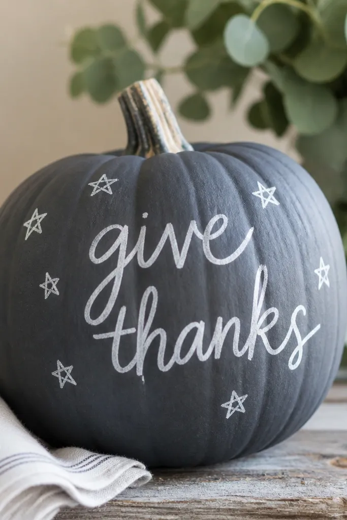 A pumpkin painted dark slate gray like a chalkboard. It has hand-lettered white words that look like chalk, with a few doodle stars around the text.