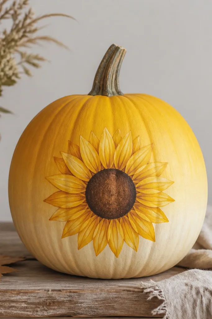 A pumpkin painted in a warm yellow gradient from deeper yellow at the top to lighter yellow near the bottom. A simple sunflower face sits at the center with brown circular center and yellow petals.
