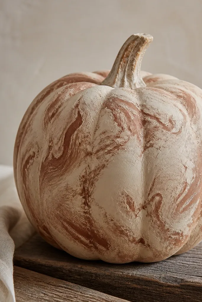 A pumpkin painted beige with random rag-pressed swirls in rust brown. The texture looks like plaster, with soft edges and no sharp lines.