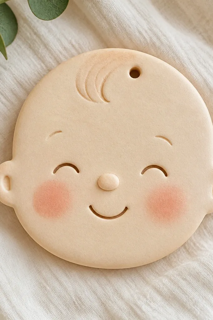 A flat salt dough ornament shaped like a baby face with rounded cheeks, painted pale cream, rosy blush circles on each cheek, and a simple closed-mouth smile. A small hole sits near the top edge, and the face is finished with a soft matte clear coat.
