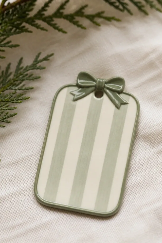 A small rectangular ornament with rounded corners. It's painted in soft sage and cream stripes, with a thin darker green border around the edges and a tiny bow shape at the top.