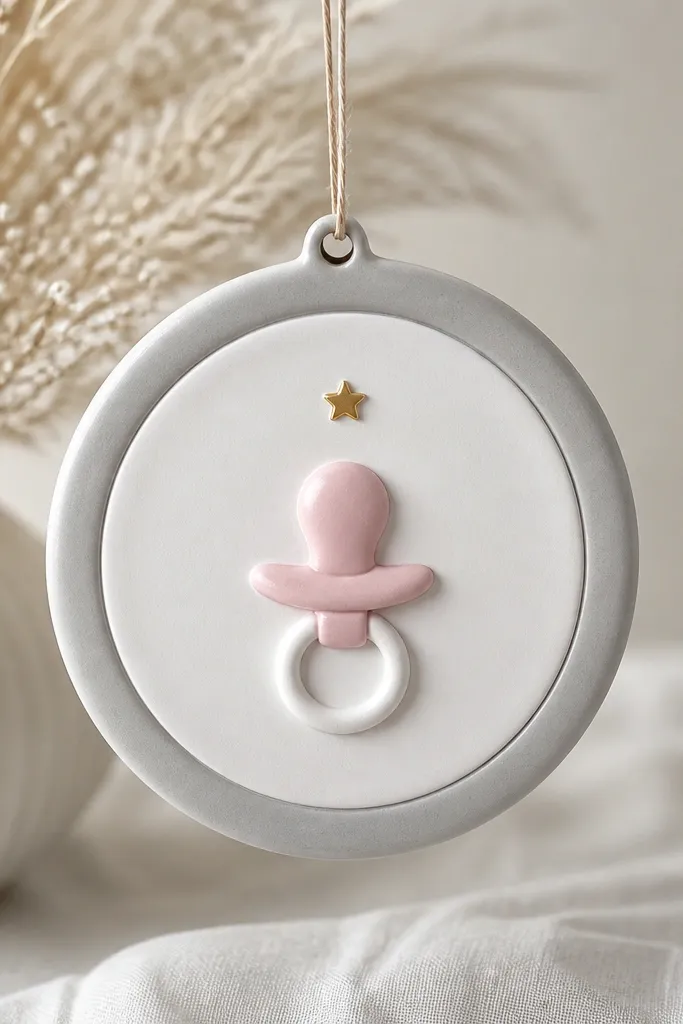 A circular ornament with a small pacifier shape in the center. The pacifier is painted light pink and white, with a tiny gold star above it. The circle has a pale gray outer ring.