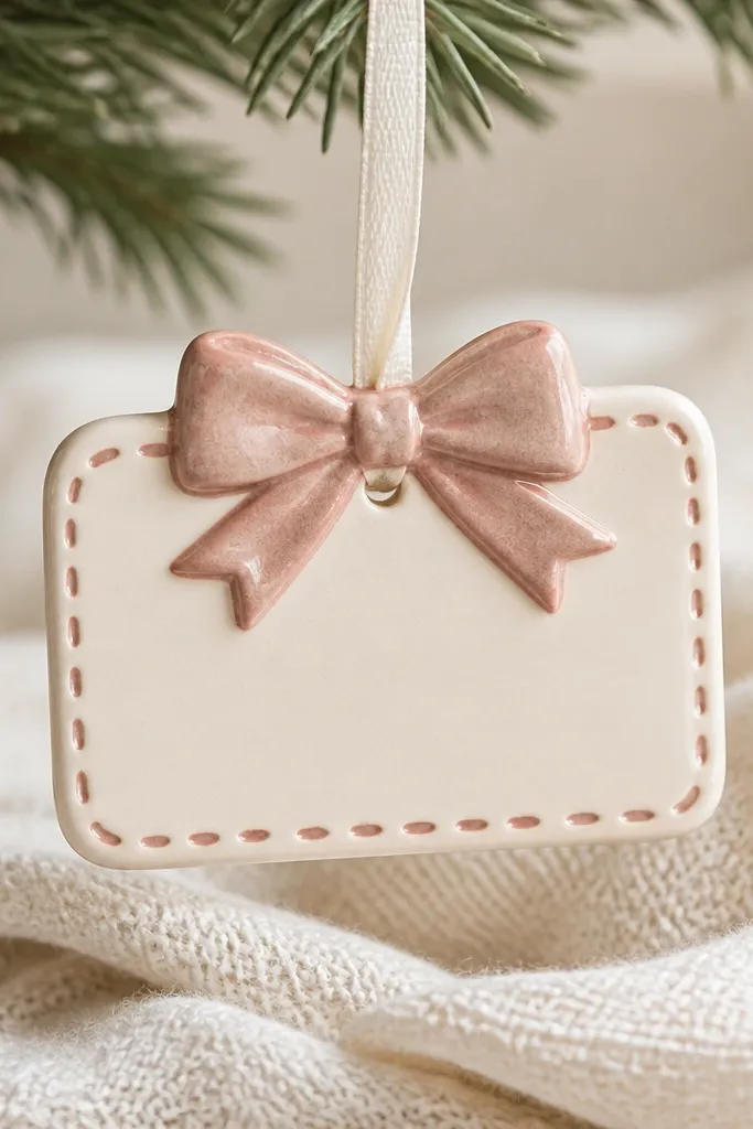 A small rectangular name tag ornament with rounded corners. It has a raised bow at the top and dotted "thread" lines along the sides, painted cream with dusty rose accents.