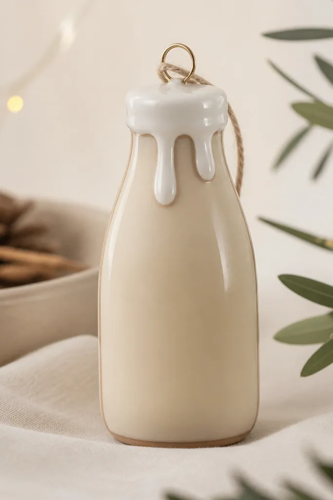 A bottle-shaped ornament painted pale beige with a white cap. Three small curved milk drips hang from the top, and the outline has a soft outline in muted brown.