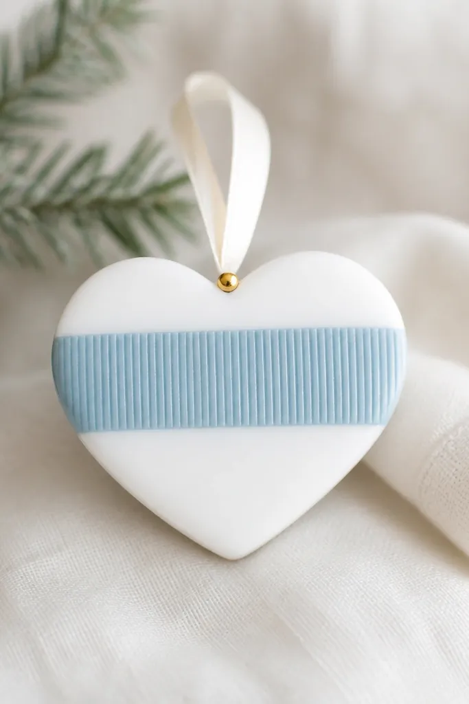 A heart-shaped ornament with a raised stripe pattern like a hospital bracelet. The base is white, the stripe is light blue, and there's a tiny gold dot at the top.