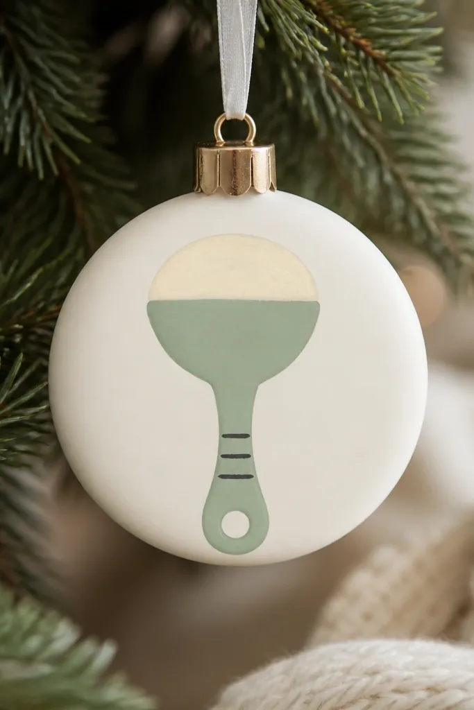 A round ornament showing a rattle handle shape coming up from the center. The rattle is painted mint green with a pale cream top, and there are three short black lines on the handle.