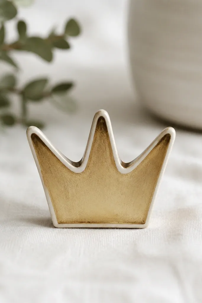A small crown-shaped ornament with three points. It's painted pale gold with a cream outline, and the inside edges have a light brown wash.
