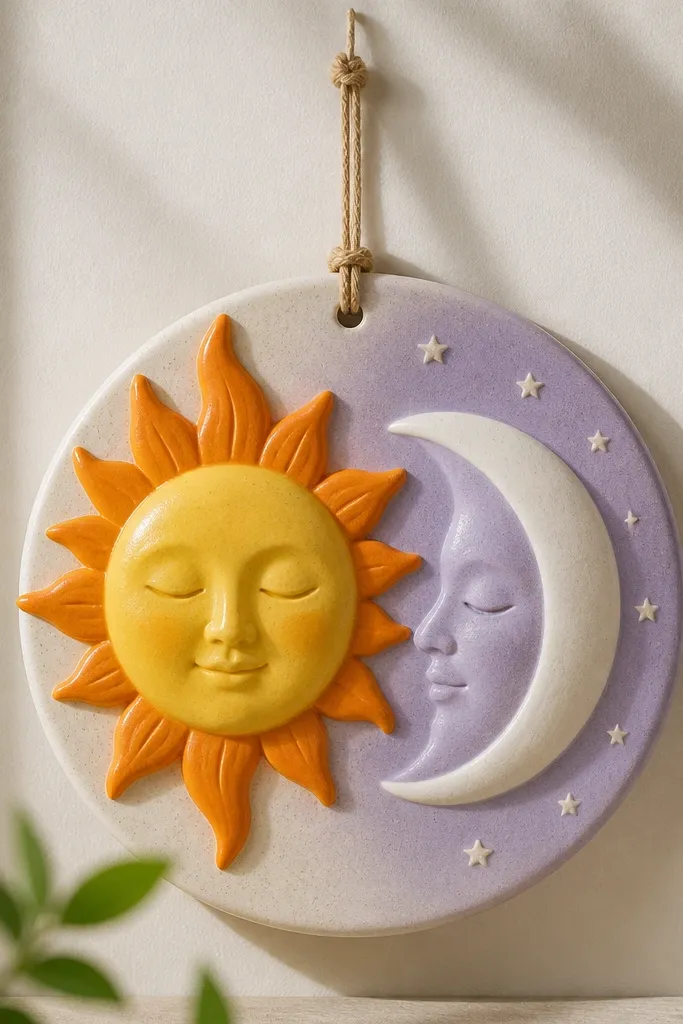A two-part ornament: a small sun on one side and a moon on the other, both connected on a single backing circle. The sun is bright yellow with orange rays, the moon is soft lavender with a white crescent.