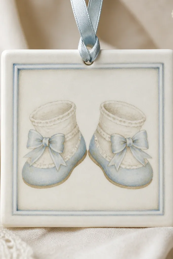 A small square ornament with an inner frame border. Inside are two tiny booties painted cream and pale blue, mirrored left and right.