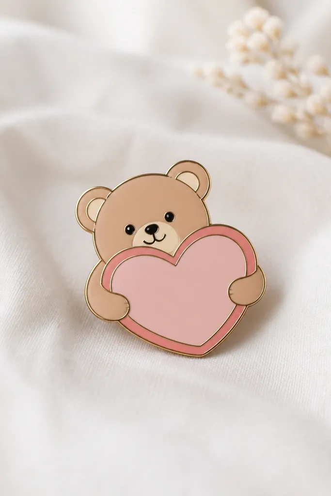 A heart outline with a tiny bear face inside hugging the heart. The bear is painted light brown with cream muzzle, and the heart is painted pale pink with a darker pink outline.