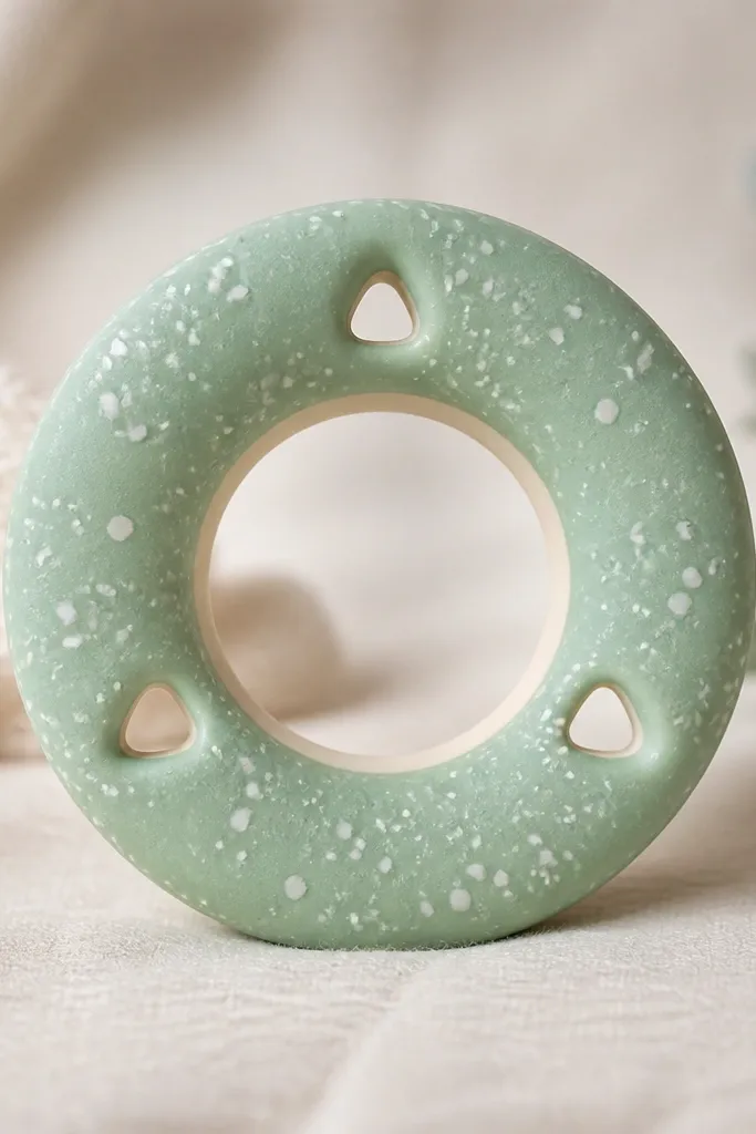 A circular teething ring ornament with three small cutouts and speckled dots around the ring. The ring is painted seafoam green, the speckles are white, and the inside has a pale cream highlight.