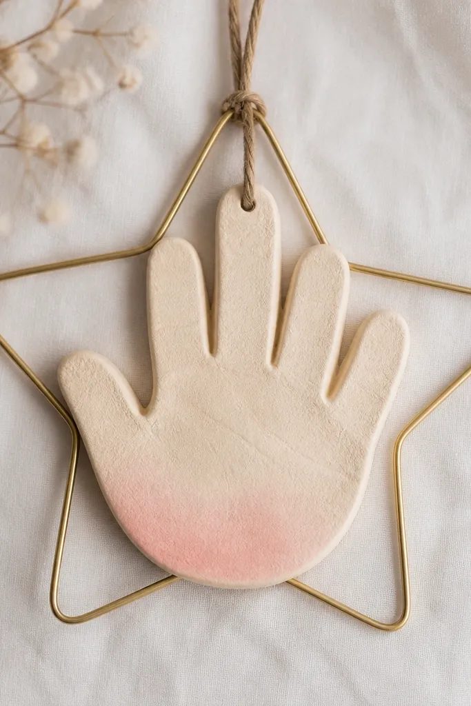 A handprint-shaped salt dough ornament with a thin star outline around it. The handprint is painted pale cream, the star outline is muted gold, and the wrist area has a soft blush wash.