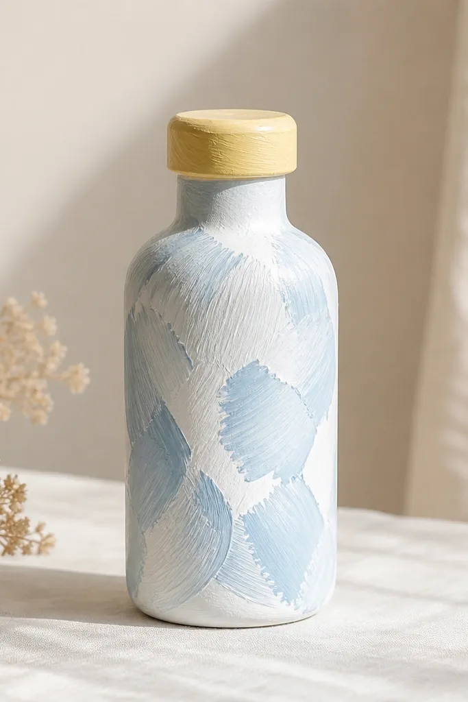 A bottle-shaped ornament where the paint is applied in visible brush strokes. The bottle is painted white with baby blue swipes, and the cap is painted pale yellow.