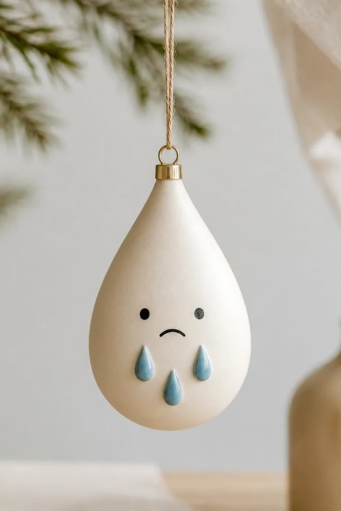A teardrop-shaped ornament with a simple crying face: two dot eyes and a small curved mouth. It has three blue tear drops hanging below and a pale cream base.