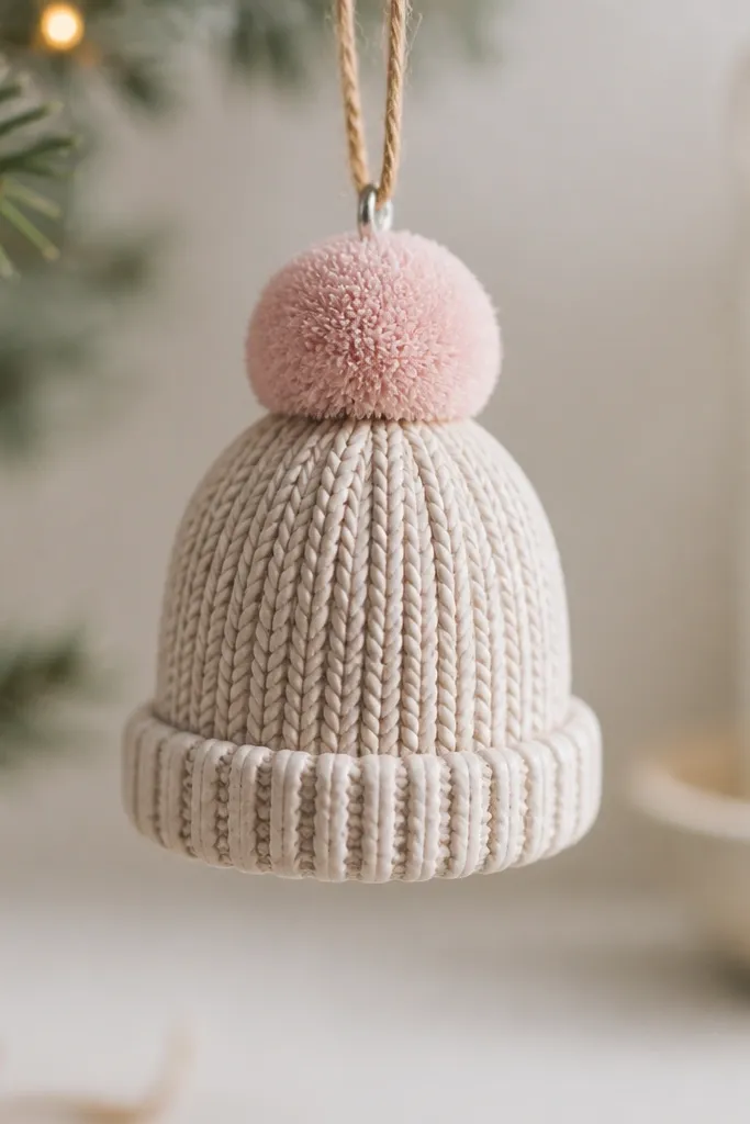 A baby knit hat ornament with a rolled brim and a pom pom on top. The hat is painted soft oatmeal with a pale pink pom, and there are short ribbing lines around the brim.