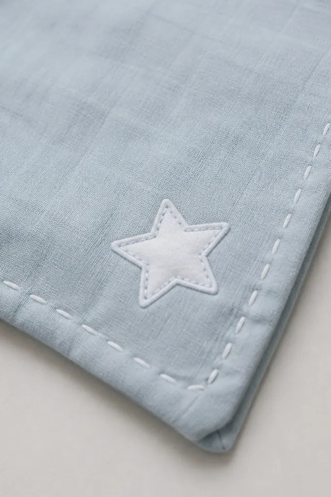 A corner-shaped ornament like a baby blanket folded over. It has a small star in the corner, painted white and light blue, with a stitched border drawn around the edges.