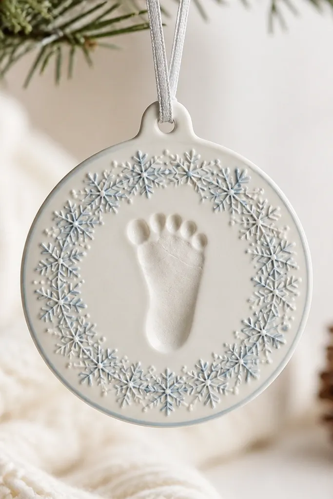 A small circle ornament with a footprint in the center. Around it is a raised snowflake ring. Painted cream with light blue snowflake lines and a gentle gray outline.