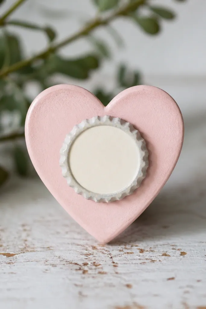 A small heart ornament with a bottle cap style raised circle in the center. The heart is painted pale pink with a raised cream circle and light gray "cap" lines.