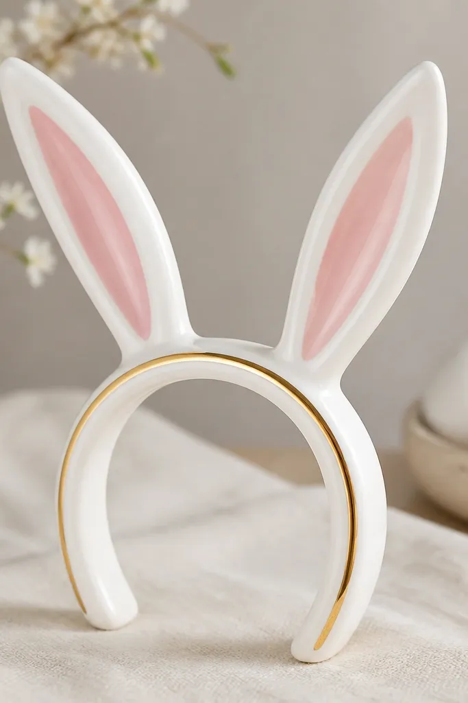 A headband-shaped ornament with two bunny ears on top. It's painted white with pale pink inner ears and a thin gold line across the headband.