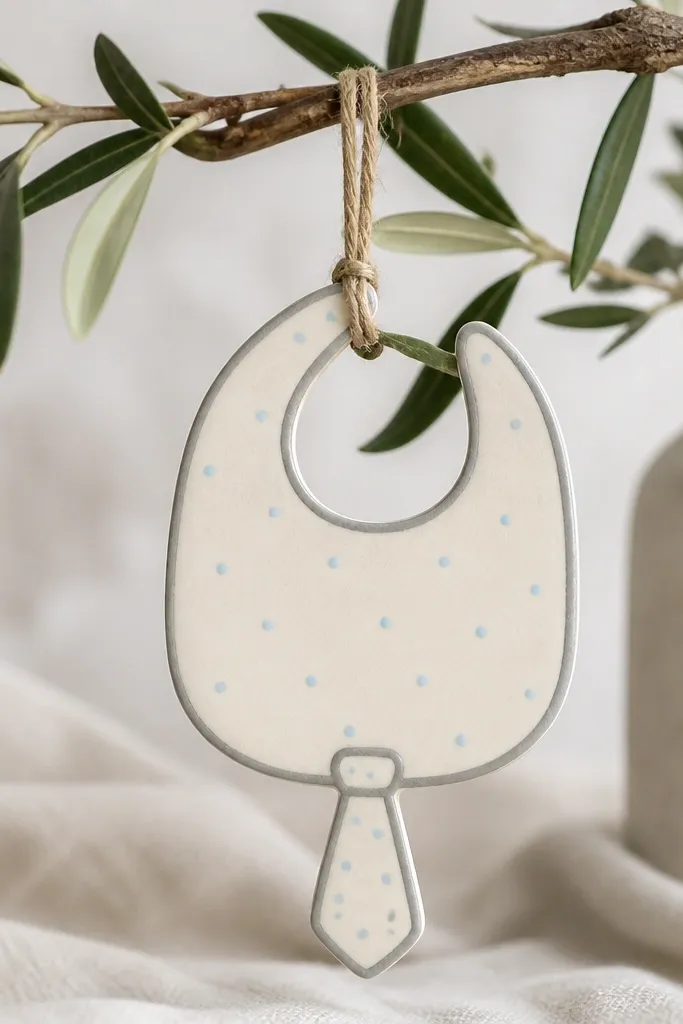 A bib-shaped ornament with a rounded neck and a small dotted tie at the bottom. The bib is painted cream, the dots are sky blue, and there's a muted gray outline around the edges.