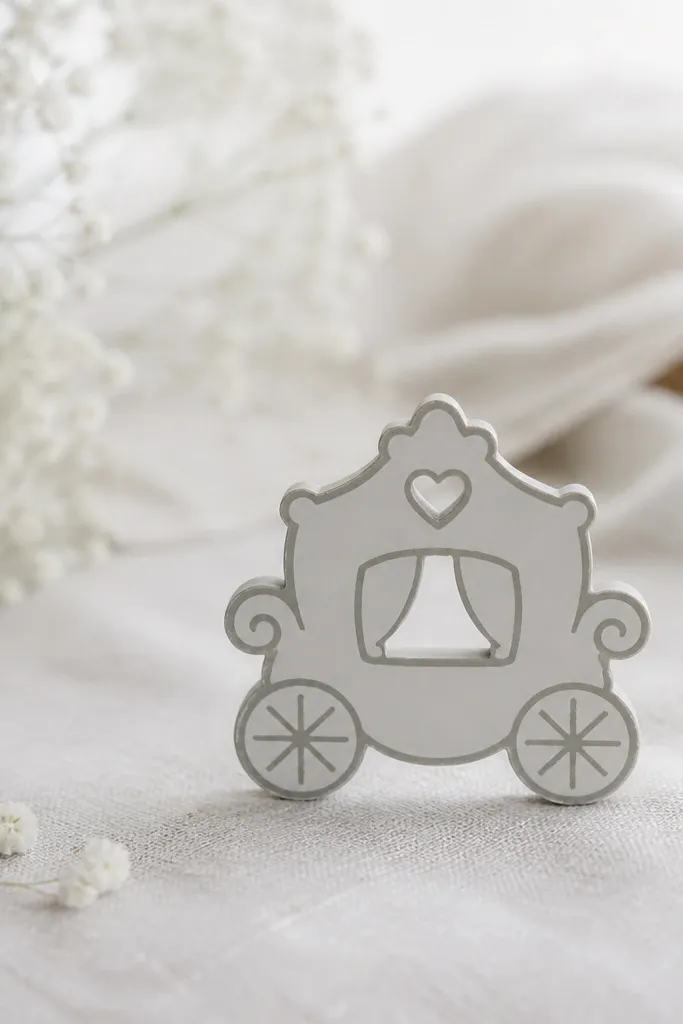 A small carriage silhouette ornament painted light gray with a darker gray outline. It has two small wheels sketched in, and a tiny heart cutout near the top.