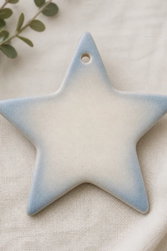 A star-shaped ornament with a two-tone wash effect. The star is cream at the center, light blue at the tips, and a faint gray shadow around the edges. A hole is punched at the top point.