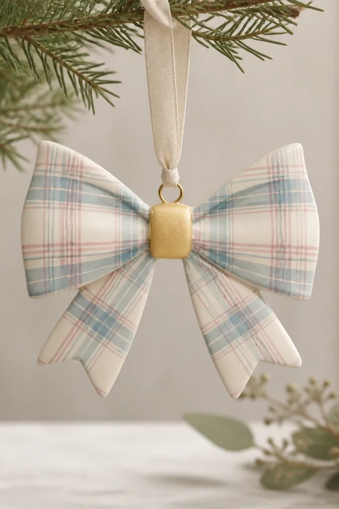 A bowtie-shaped ornament with a plaid pattern. The base is cream, plaid lines are light blue and muted pink, and the center knot is painted pale gold.
