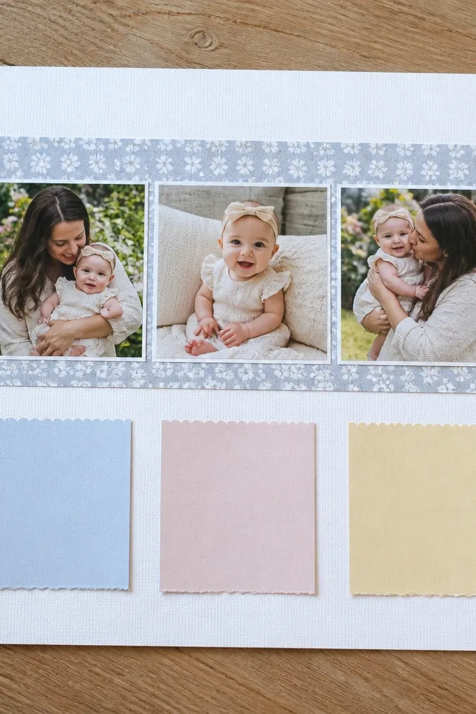 A horizontal strip of photos at the top with three short handwritten notes underneath