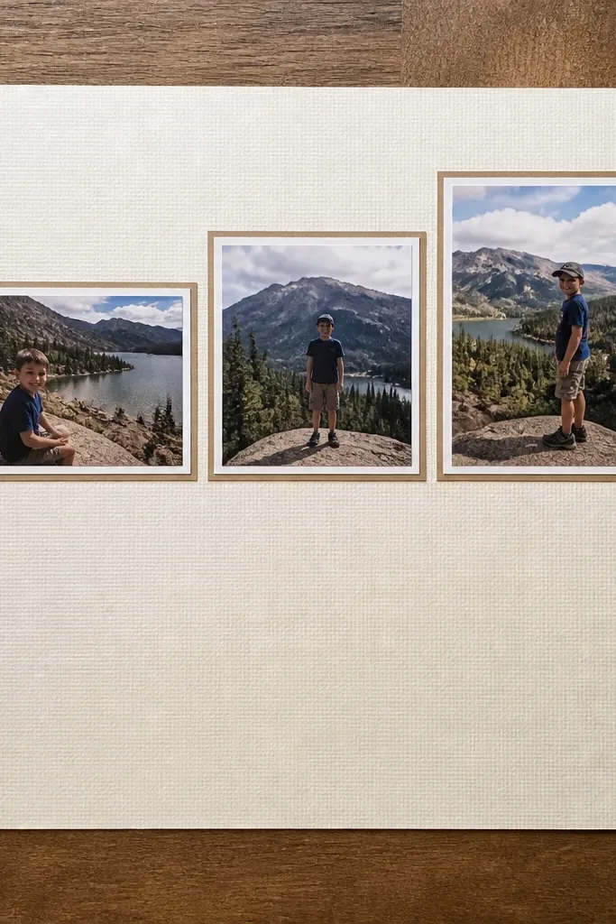Three small framed photos in one row with staggered heights and a blank space below