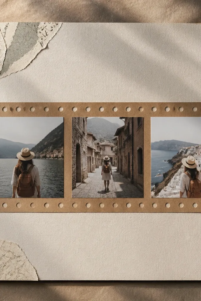 A horizontal film-strip style row of photos with small holes and a caption at the end