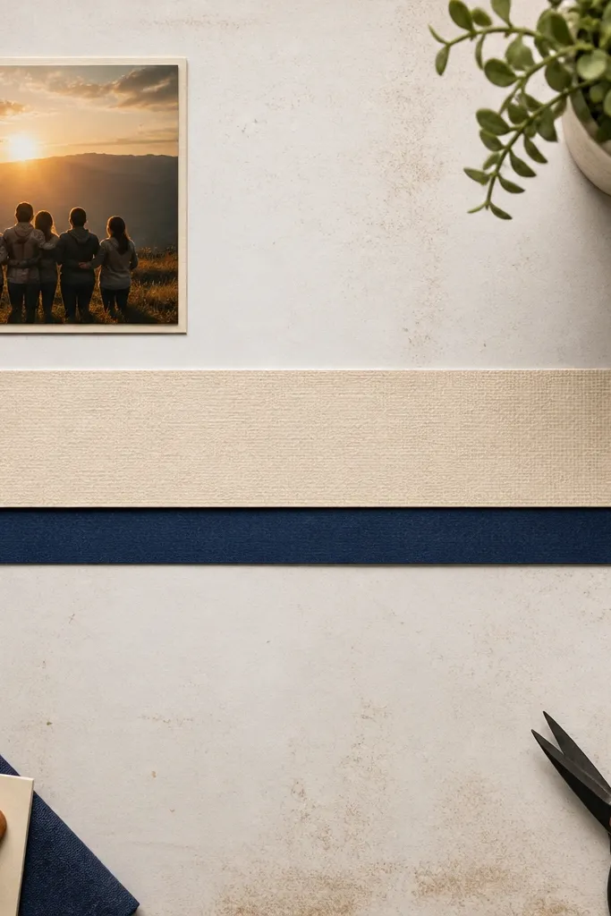 A small in the top corner with a wide caption banner across the page