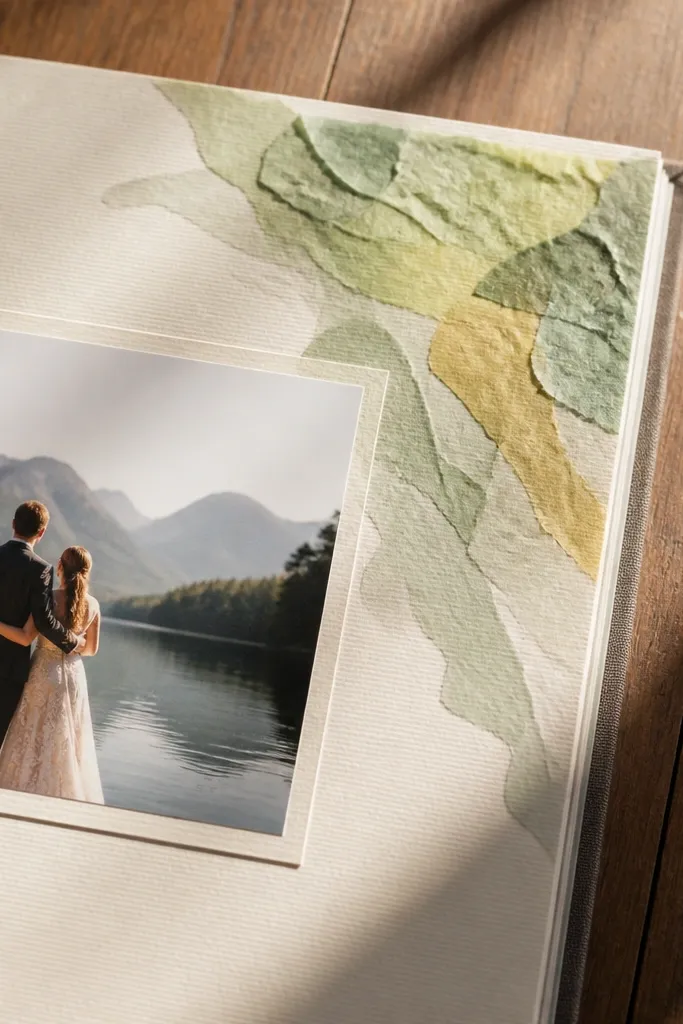A page with a soft layered leaf shape made from tissue paper in one corner