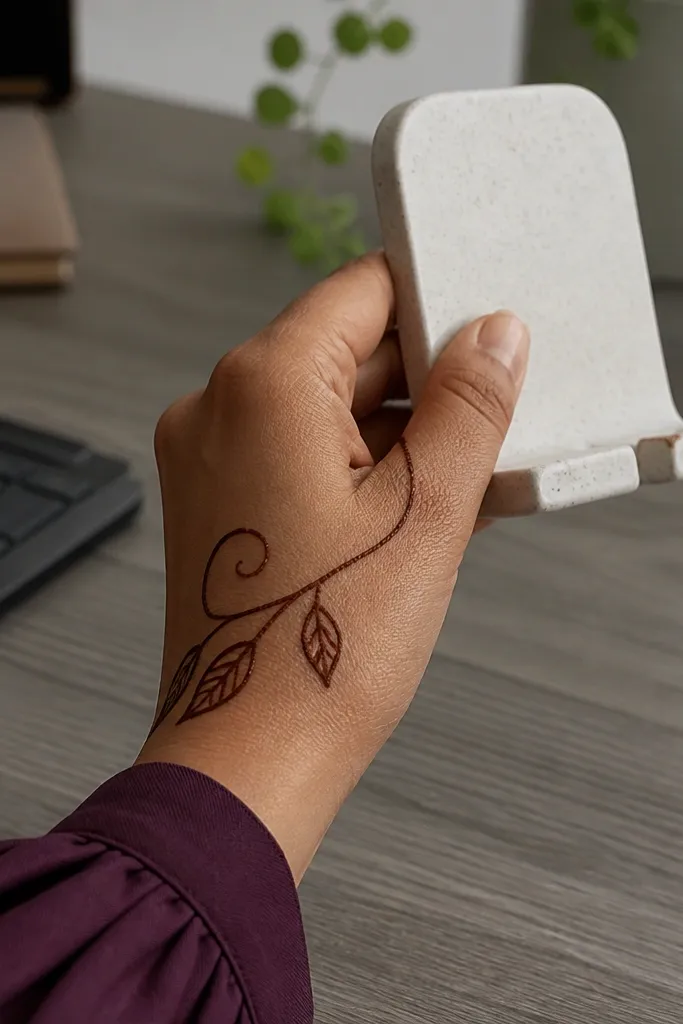 Back of hand mehndi with a looping vine from thumb area and three small leaf drops.