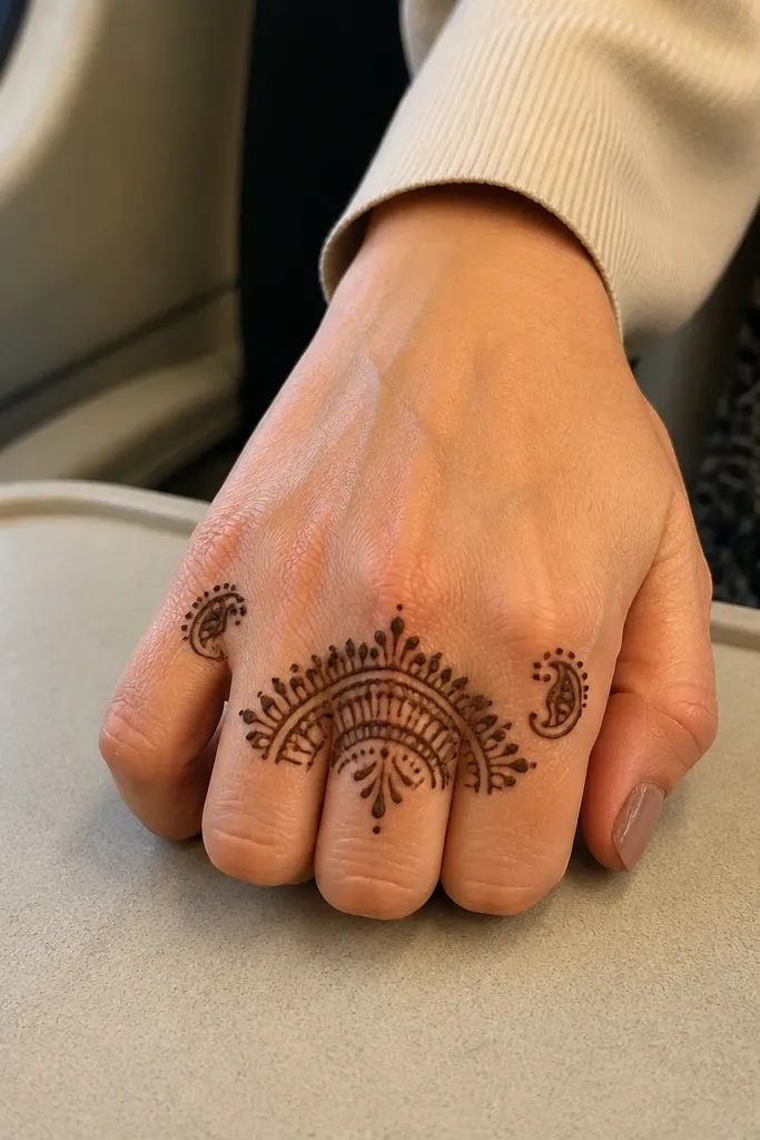 Back of hand mehndi with a fan shape over knuckles and two tiny paisley details.