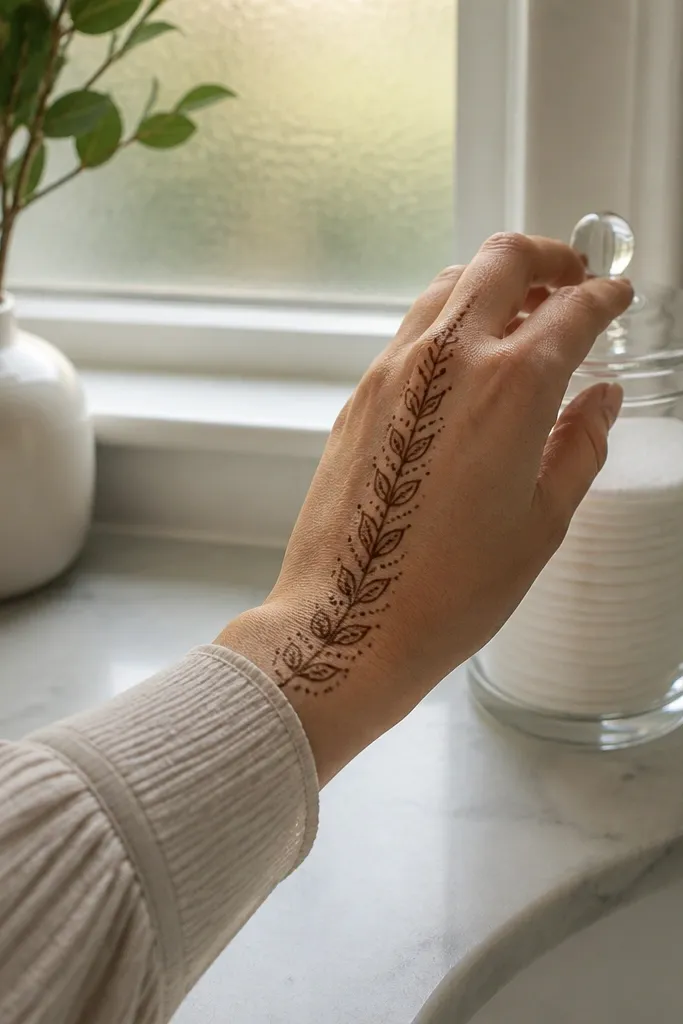 Back of hand with a vertical dotted leaf column from knuckles to center.