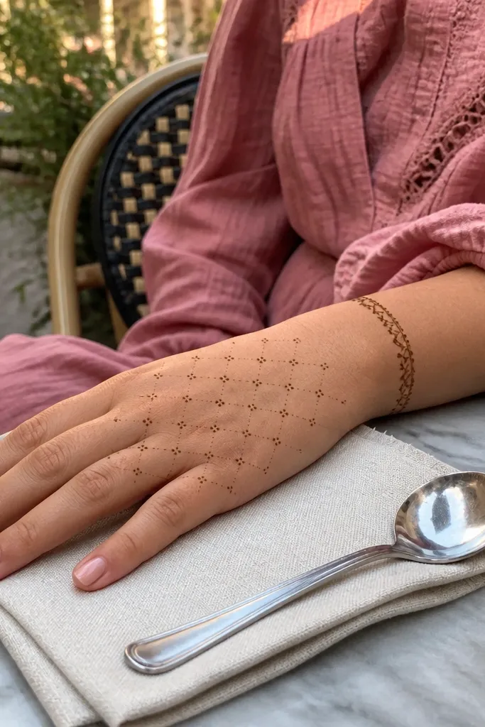 Back of hand mehndi with a wrist chain and geometric dot pattern toward the center.
