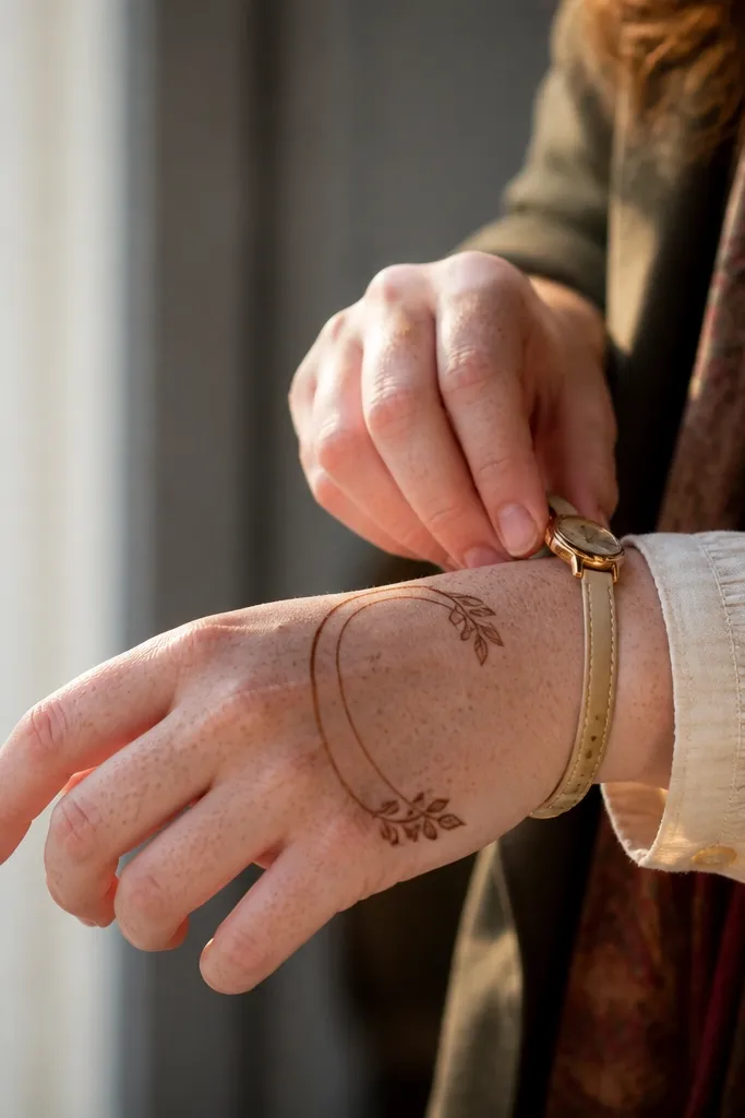 Back of hand with two curved arch lines and small leaf tips.