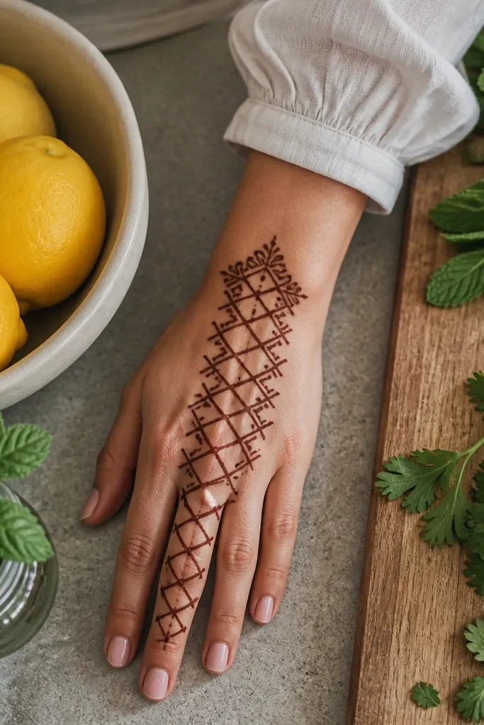 Back of hand with an open lattice stripe made of squares and dots.