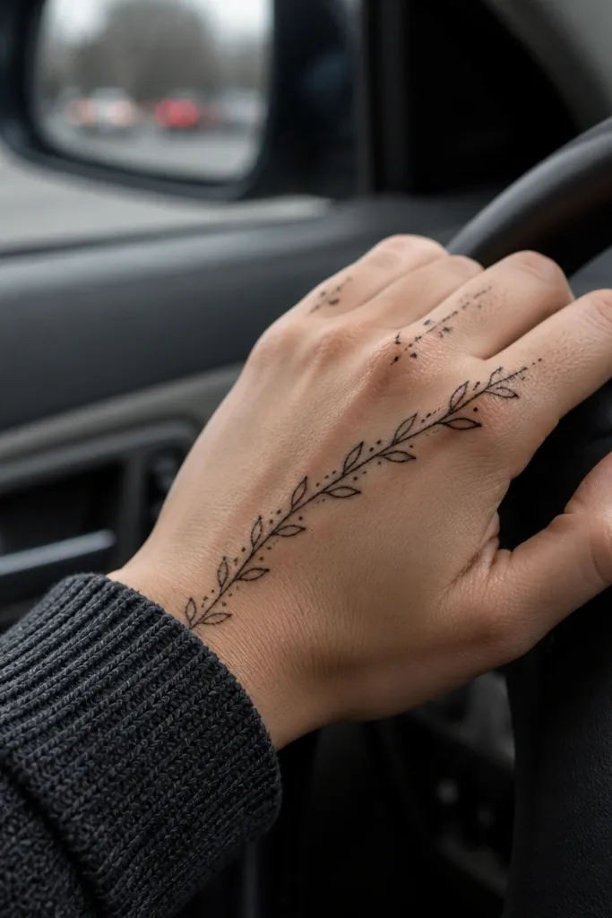 Back of hand with dot clusters on knuckles and a skinny vine line across.