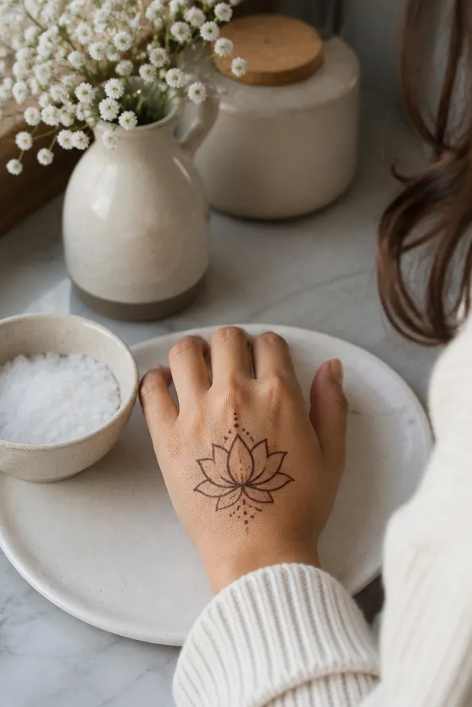 Back of hand with an open lotus outline centered, light dots around it.